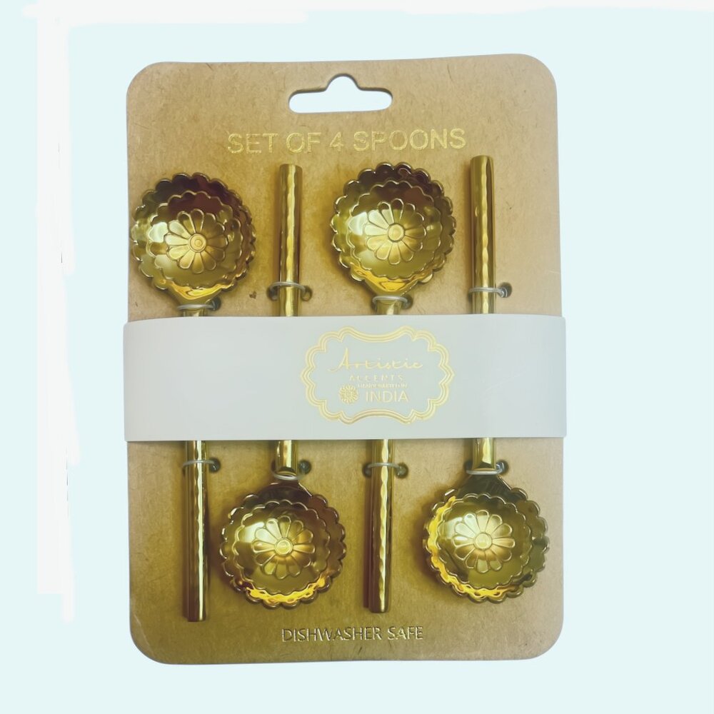 NEW Set of 4 Artistic Accents Floral Gold Texture Small Dessert Spoons - Gold